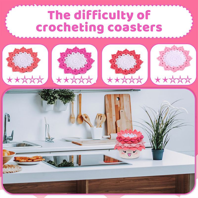 Pink Potted Plant Coaster DIY Crochet Kit