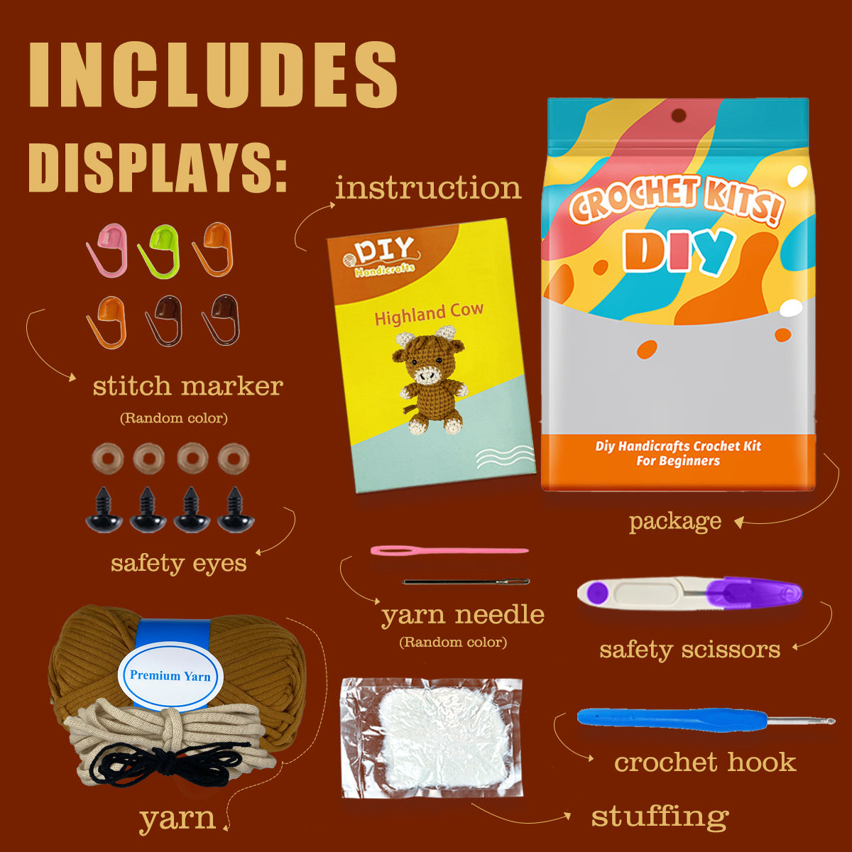Highland Cow Handmade DIY Crochet Material Kit
