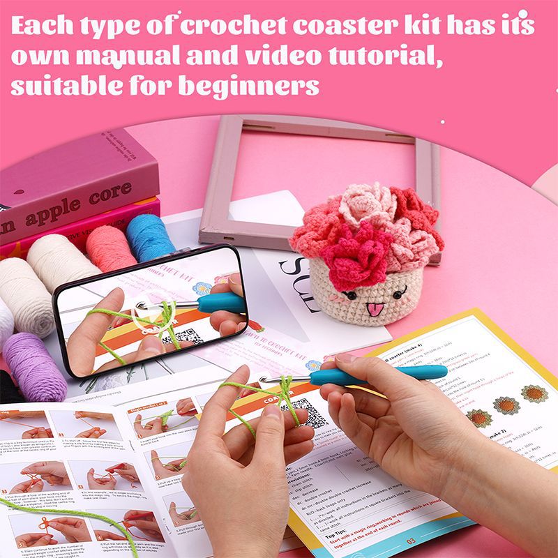 Pink Potted Plant Coaster DIY Crochet Kit